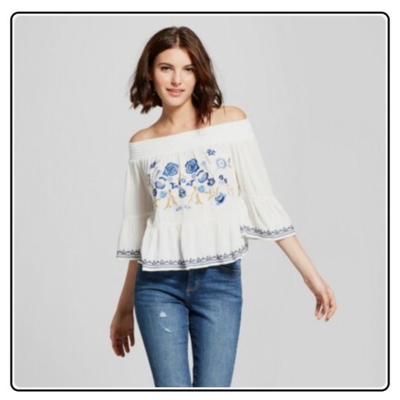 Xhilaration Tops - Xhilaration White Blouse with Blue Floral Embroidery Large
